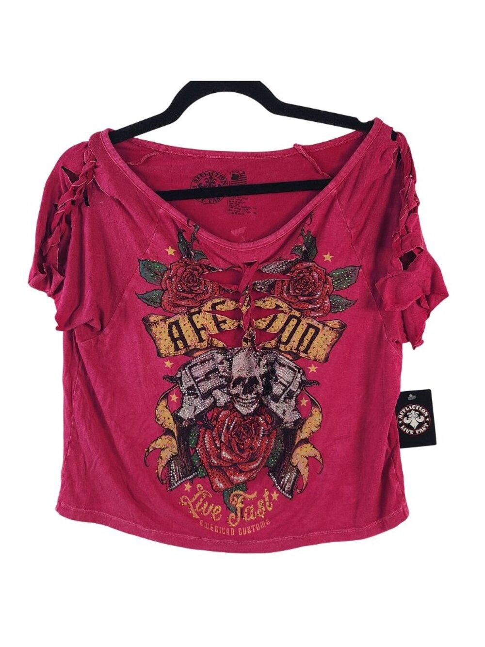 NEW Affliction Women's Red Wide-Neck Short Sleeve Tee Skull & Rose Graphics Sz M